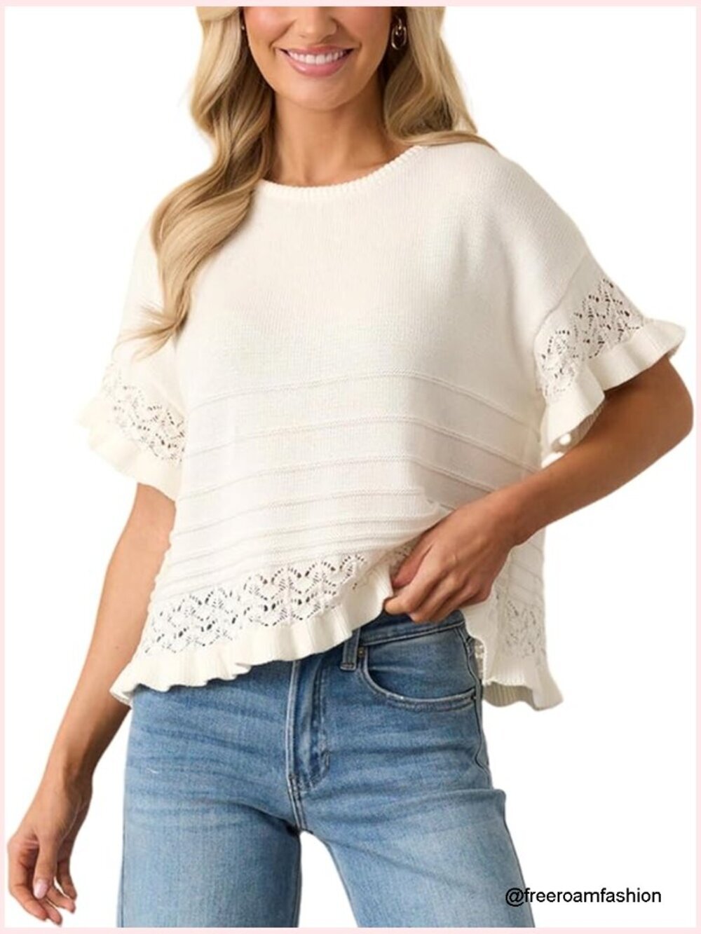 Short Sleeve Crew Neck Ruffled Hem Crochet Knit Pullover Blouse